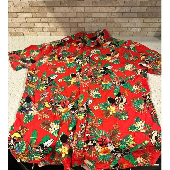 Disney Mickey Mouse Size L Red Floral Tropical Hawaiian Shirt Red Multicolor g6 - Picture 1 of 2